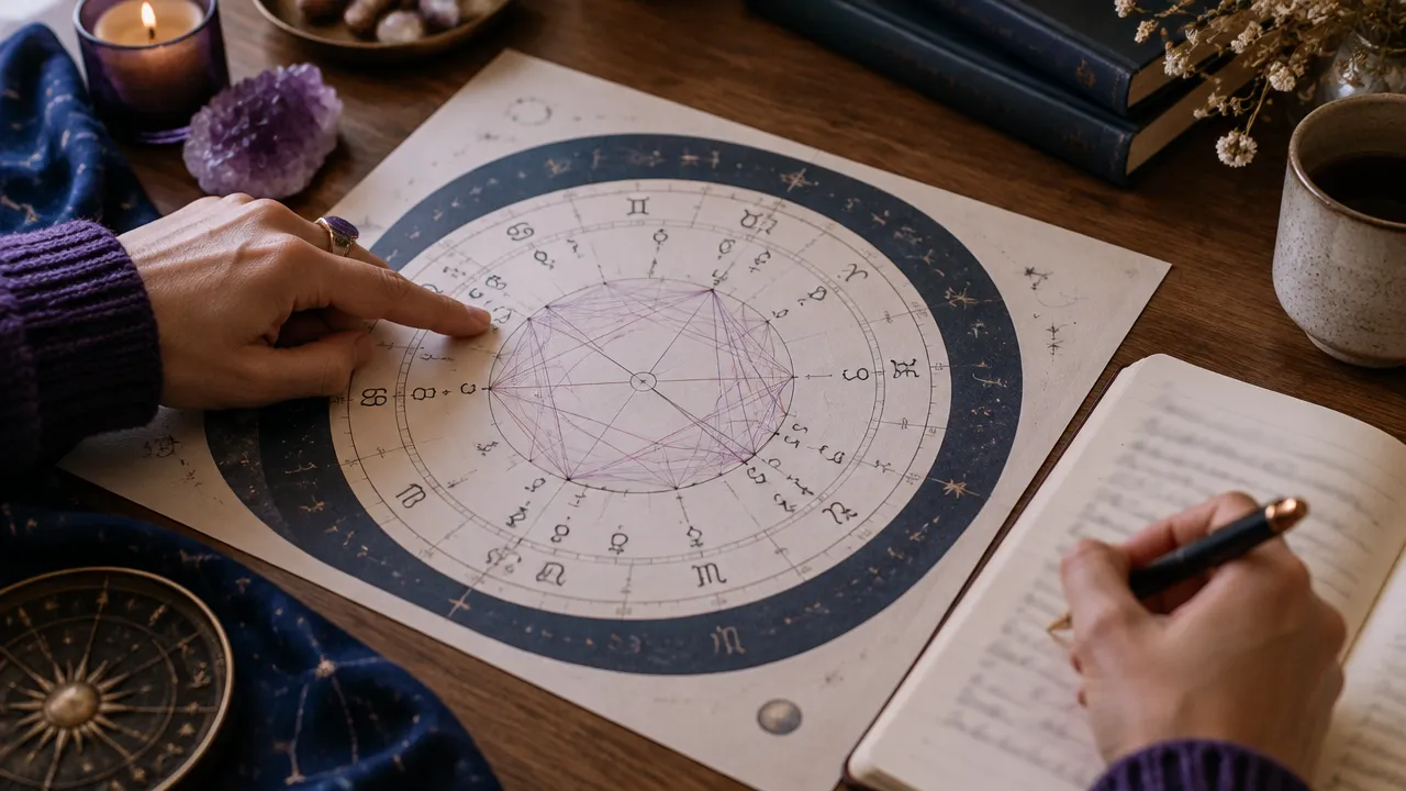 Mãos analisando um mapa astral ao lado de um caderno, ilustrando a interpretação de símbolos como ferramenta de reflexão