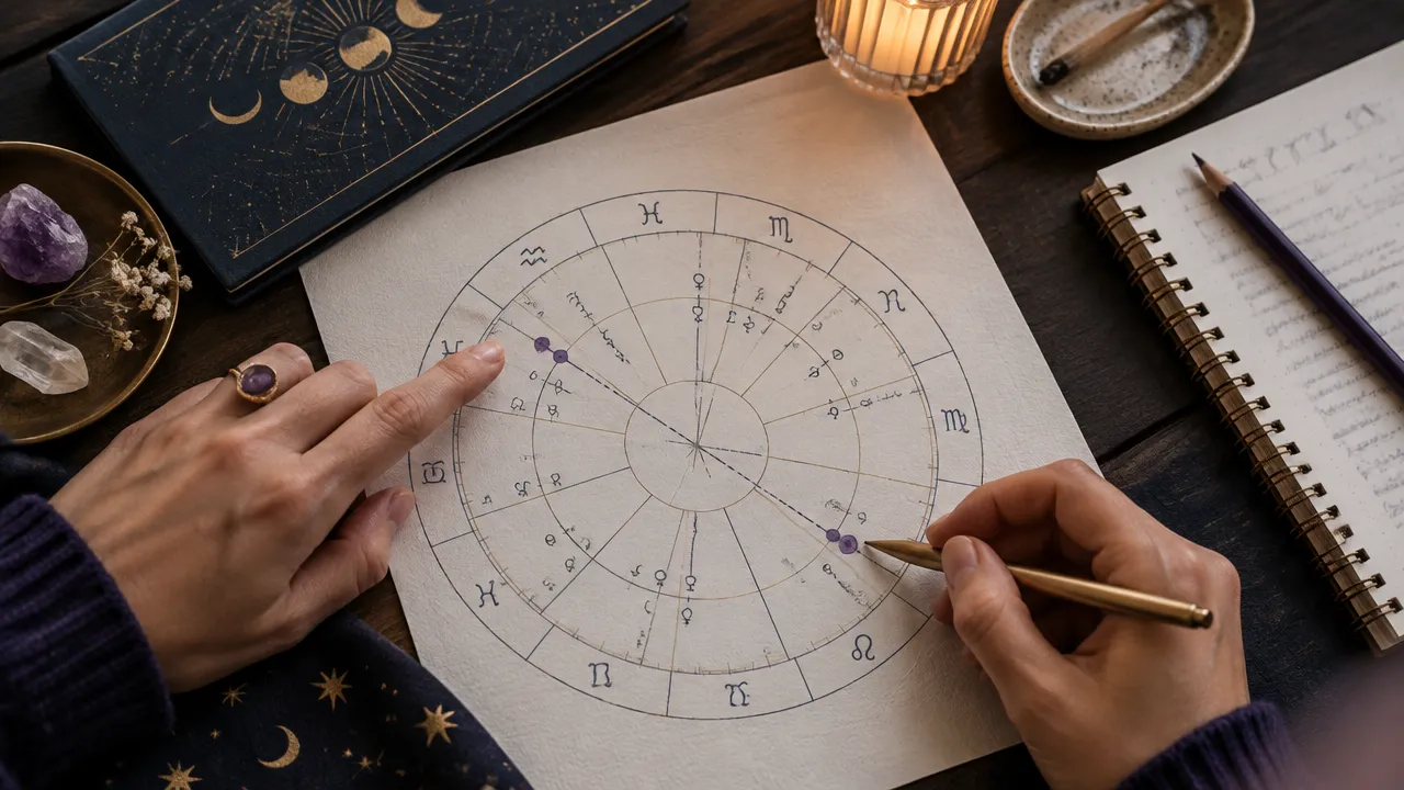 Mãos analisando um mapa astral impresso e o eixo dos nodos lunares em um momento de estudo