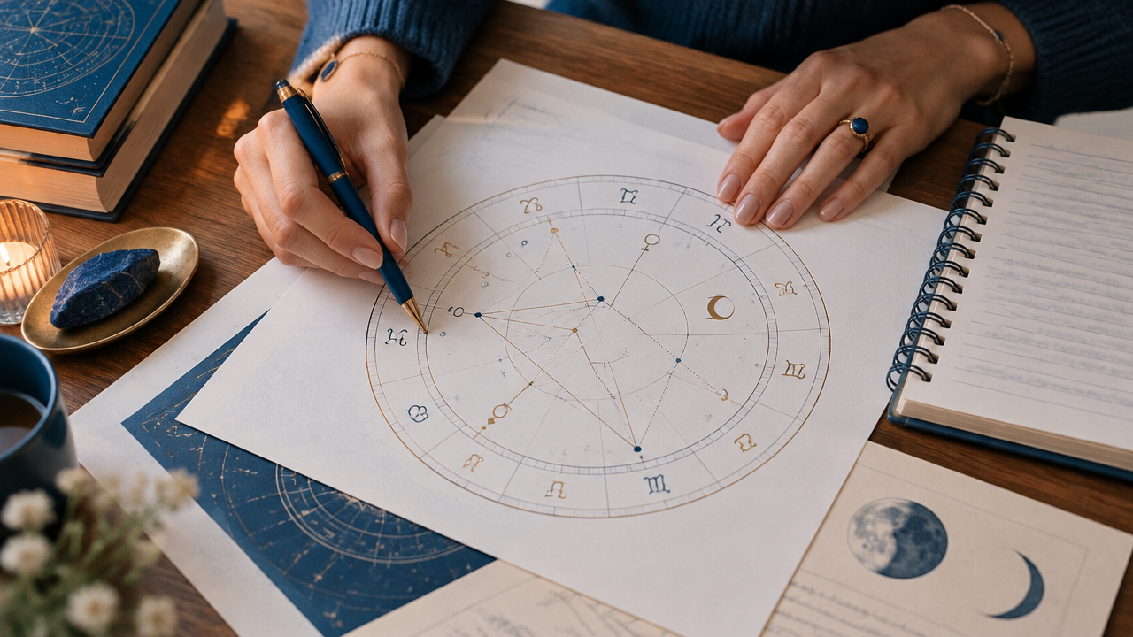 Mãos analisando um mapa astrológico horário e relacionando casas e posições planetárias em um caderno