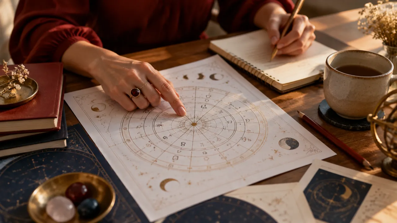 Mãos analisando um mapa natal e registrando perguntas de autoconhecimento em um caderno