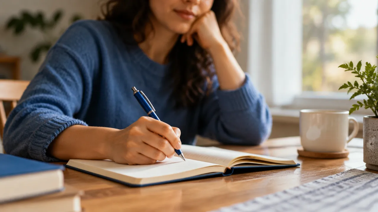 Mãos anotam uma situação, um pensamento e uma resposta possível em um caderno durante uma pausa consciente.