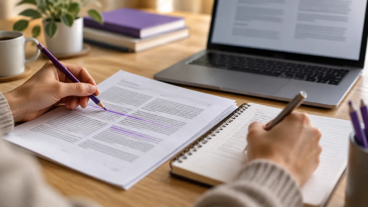 Mãos anotando e reescrevendo uma ideia de copywriting durante o estudo
