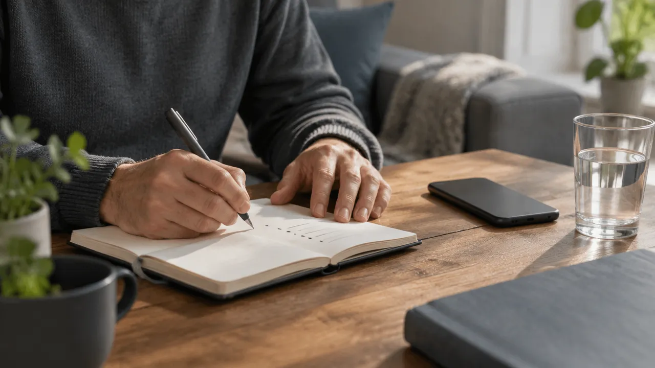 Mãos anotando fatos e uma próxima ação em um caderno durante uma pausa para pensar
