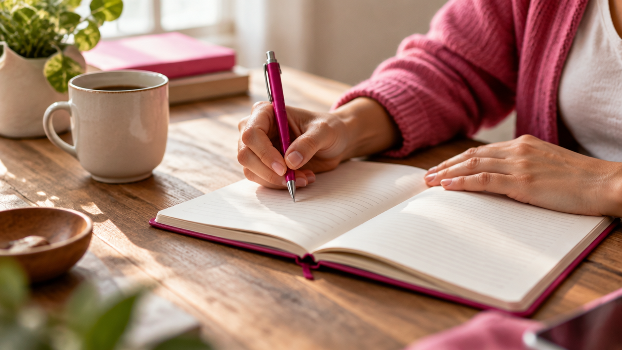 Mãos anotando perguntas em um caderno durante uma prática de reflexão sobre o medo
