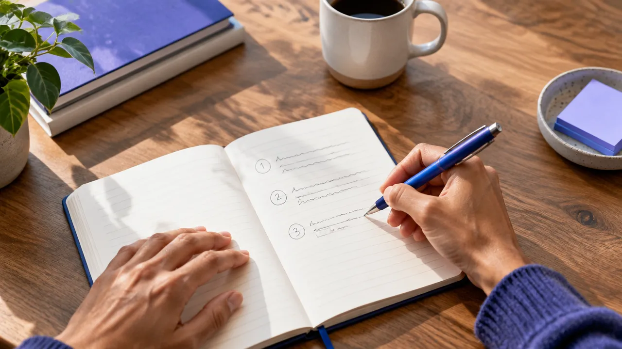 Mãos anotando reflexões em um caderno durante um exercício para questionar pensamentos pessimistas.