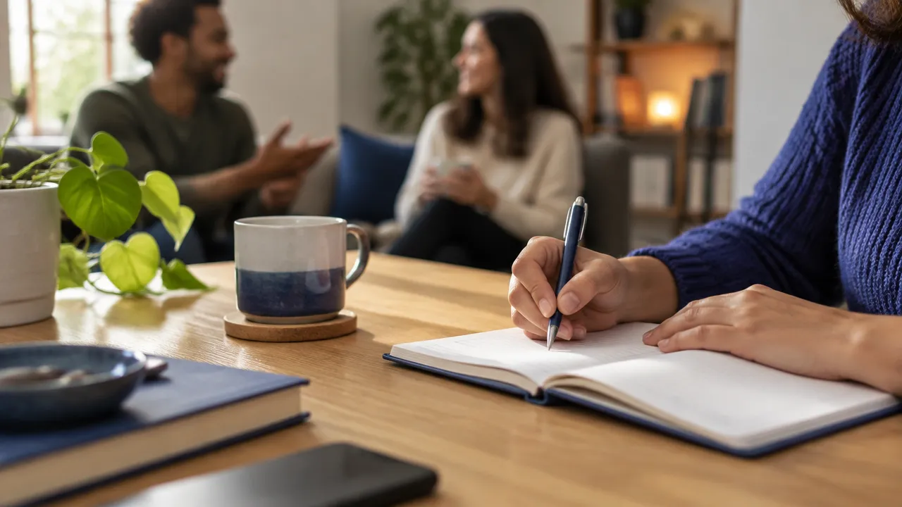 Mãos anotando reflexões em um caderno enquanto duas pessoas conversam ao fundo, ilustrando práticas diárias de bem-estar.