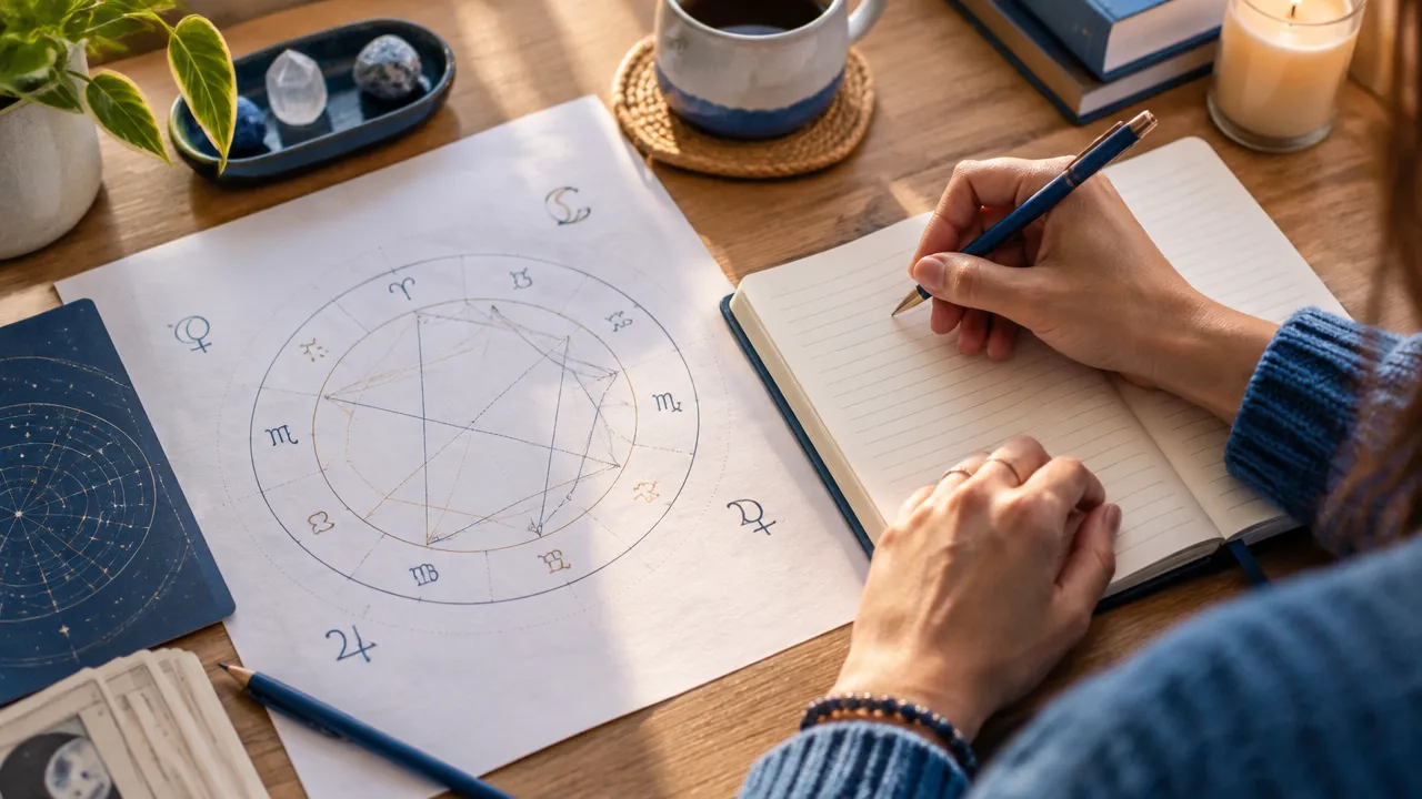 Mãos anotando reflexões em um diário ao lado de um mapa astral