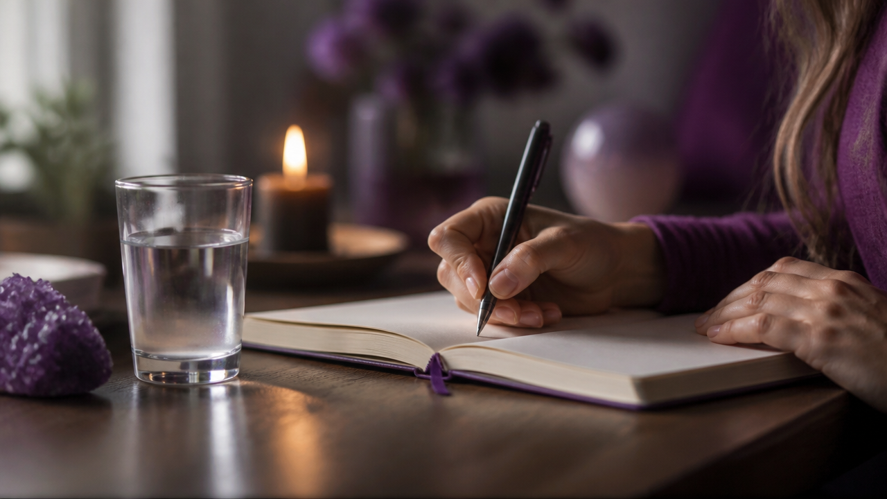 Mãos anotando sinais emocionais e energéticos em um caderno ao lado de um copo com água e uma vela