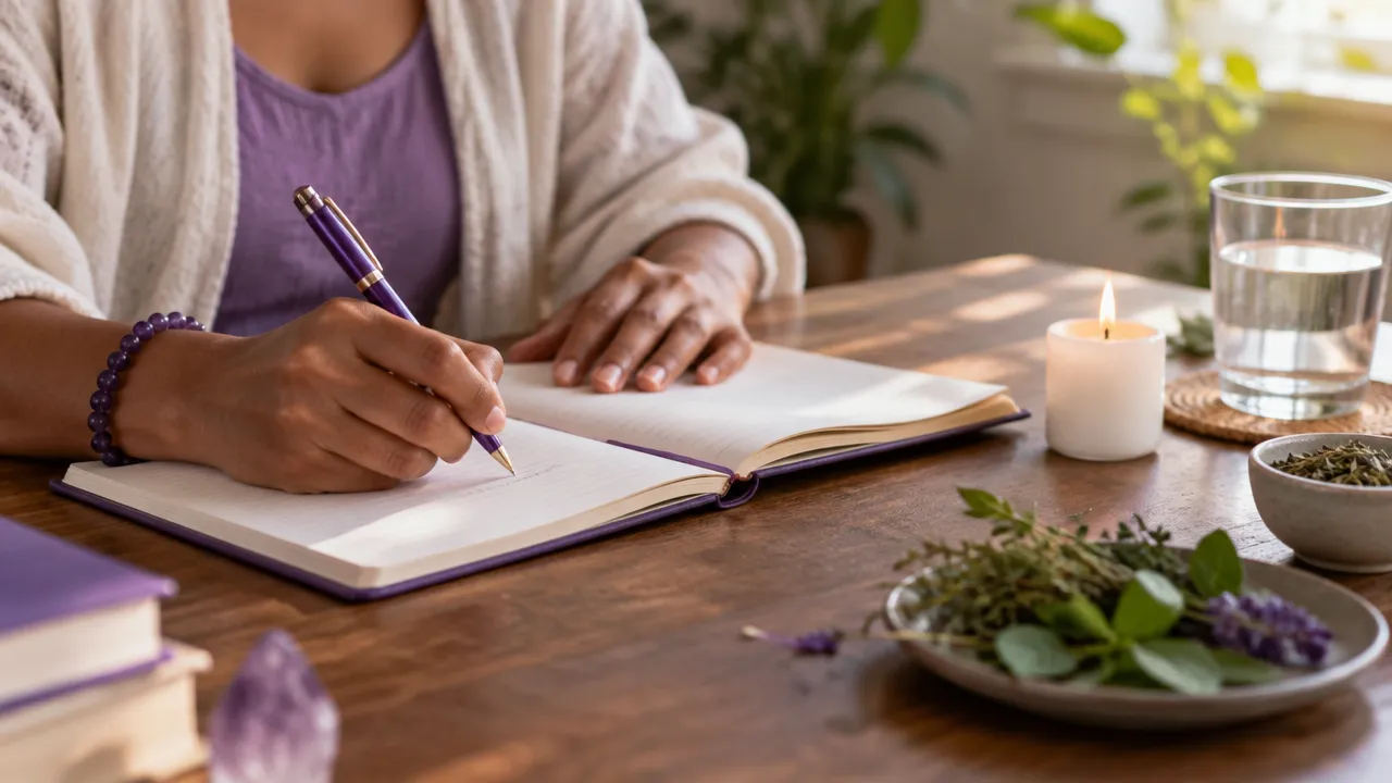 Mãos anotando uma intenção de autocuidado em caderno ao lado de água e ervas