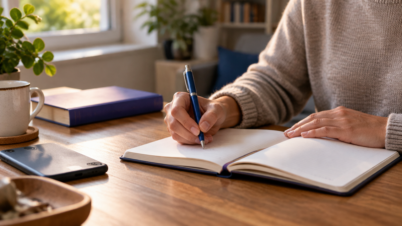 Mãos anotando uma prática diária em um caderno com o celular virado para baixo