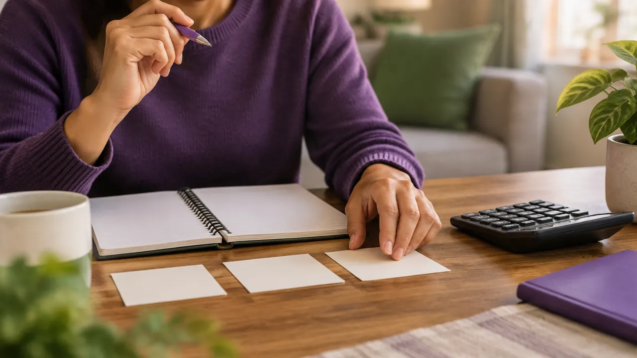 Mãos avaliando uma escolha financeira com caderno, cartões e calculadora antes de decidir
