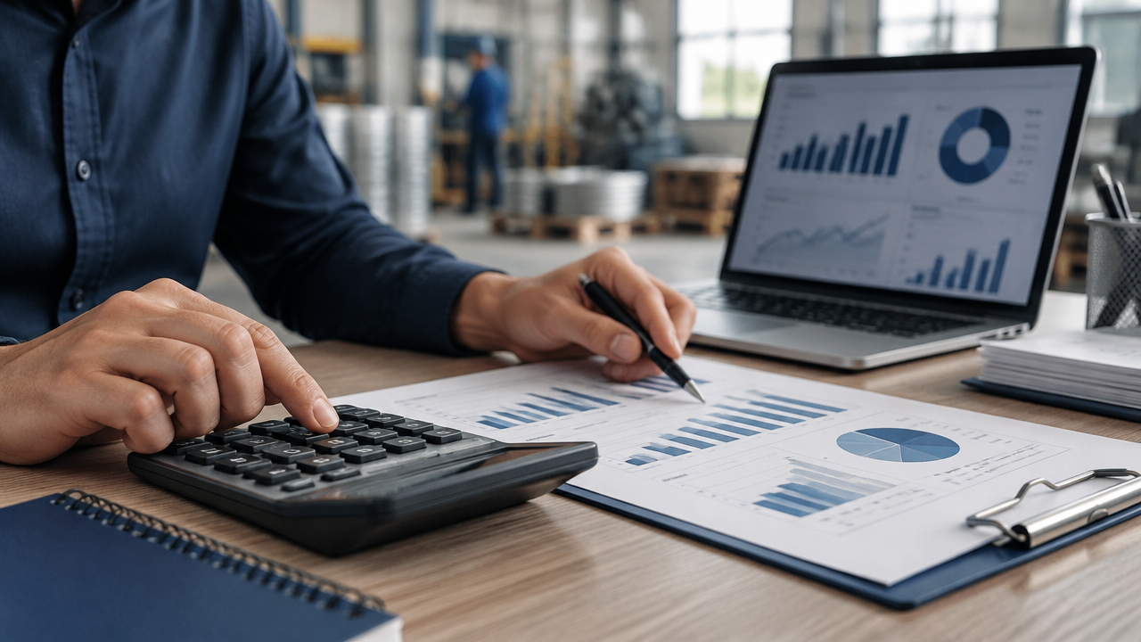 Mãos calculam indicadores financeiros ao lado de planilhas e painel empresarial