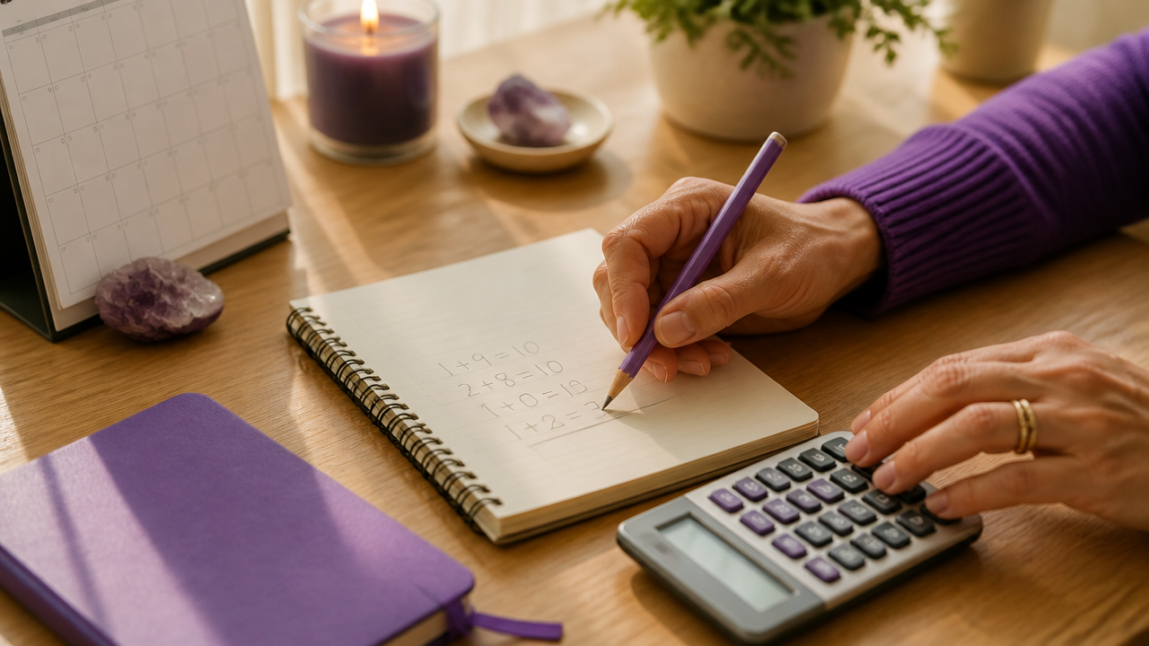 Mãos calculando números em um bloco de notas ao lado de um calendário