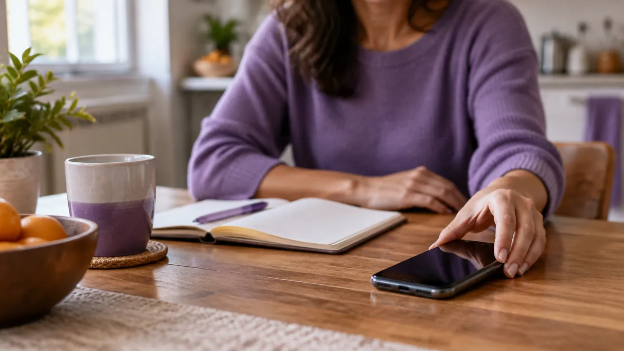 Mãos colocam o celular virado para baixo ao lado de um caderno para criar uma pausa consciente