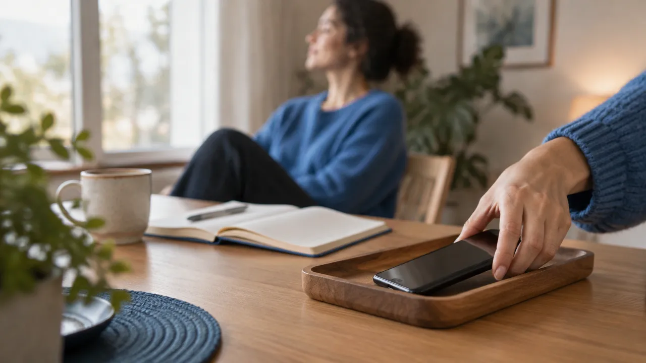 Mãos colocando um celular com a tela para baixo ao lado de um caderno, em uma pausa para reduzir estímulos digitais.