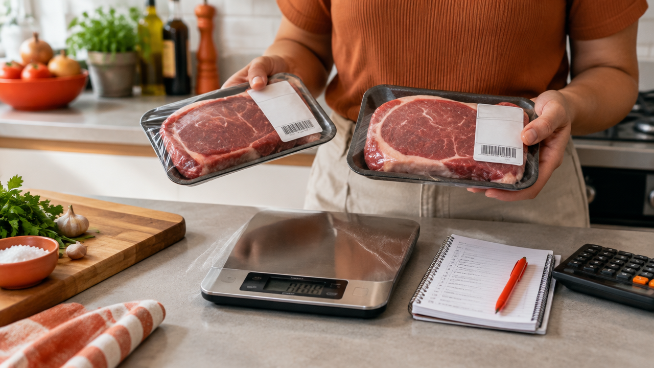 Mãos comparando cortes de carne equivalentes pelo peso e preço em uma bancada organizada