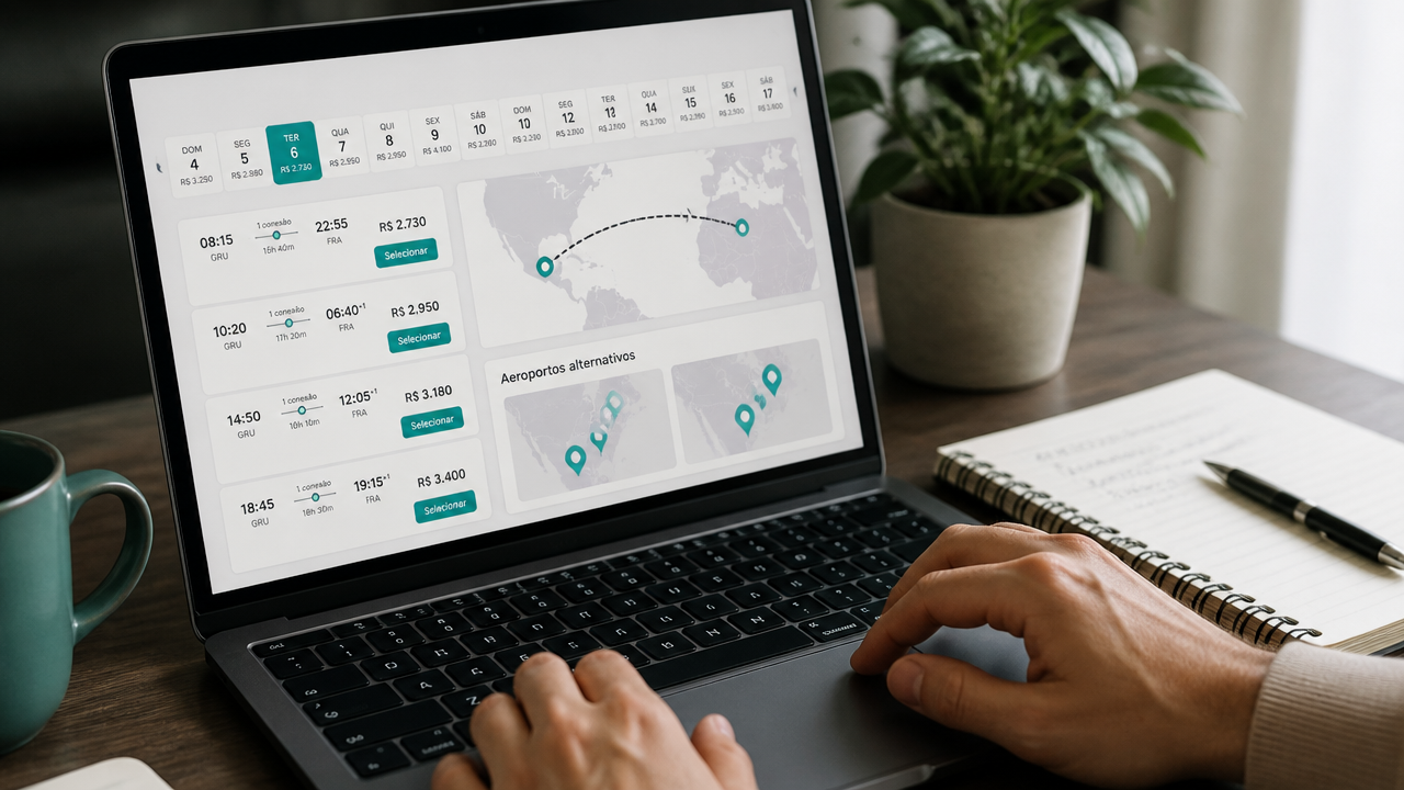 Mãos comparando datas flexíveis e rotas de voo em um laptop com calendário e mapa de conexões