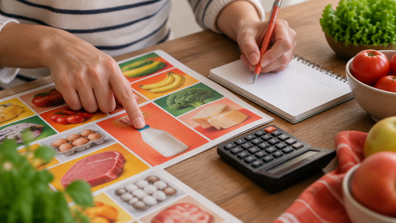Mãos conferem detalhes de uma oferta no encarte e anotam a lista de compras