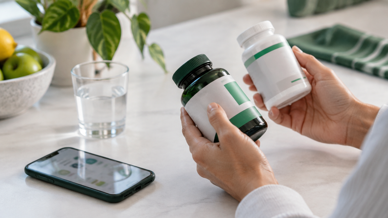 Mãos conferindo informações em frascos genéricos de suplementos sobre uma bancada limpa