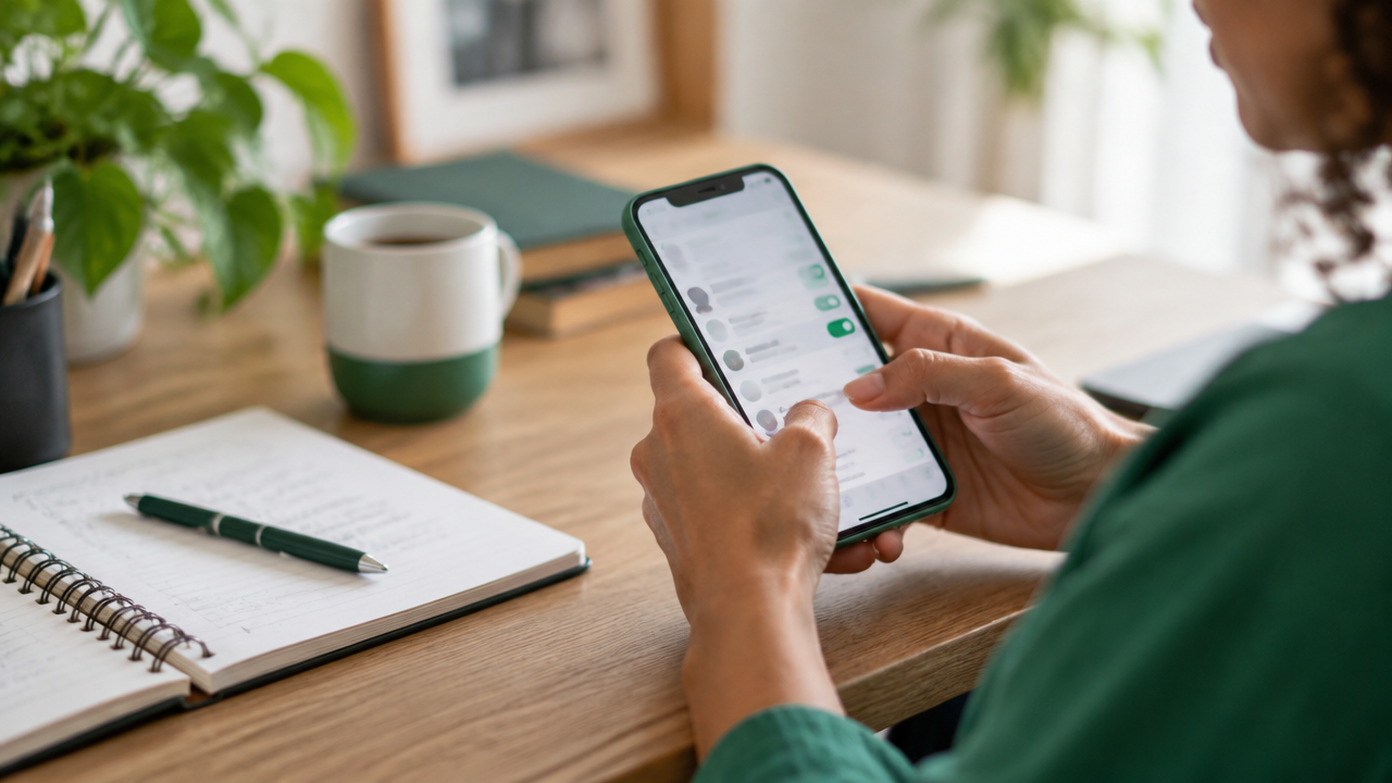 Mãos configurando mensagens de atendimento em um smartphone sobre uma mesa de trabalho