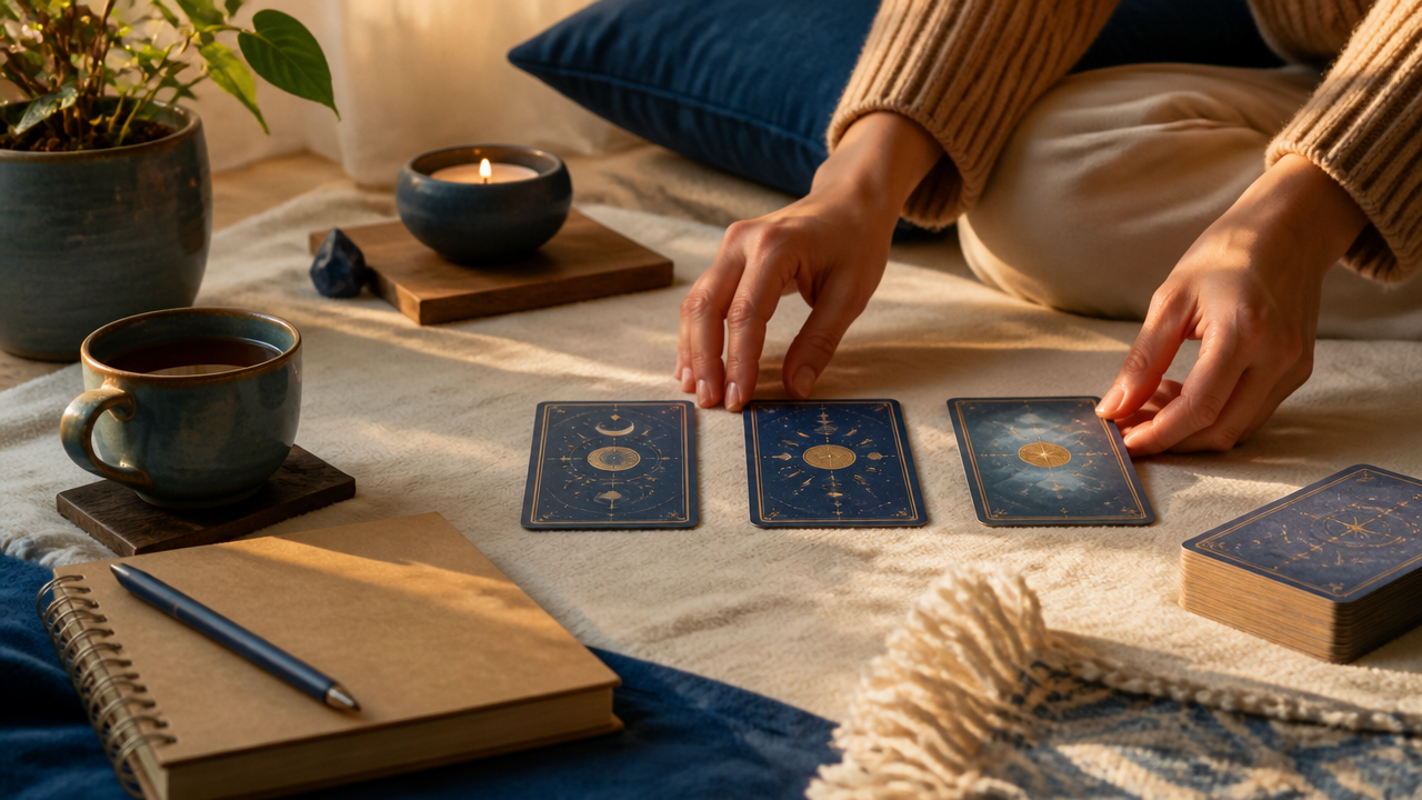 Mãos consultando três cartas de tarot ao lado de anotações em um canto acolhedor da casa