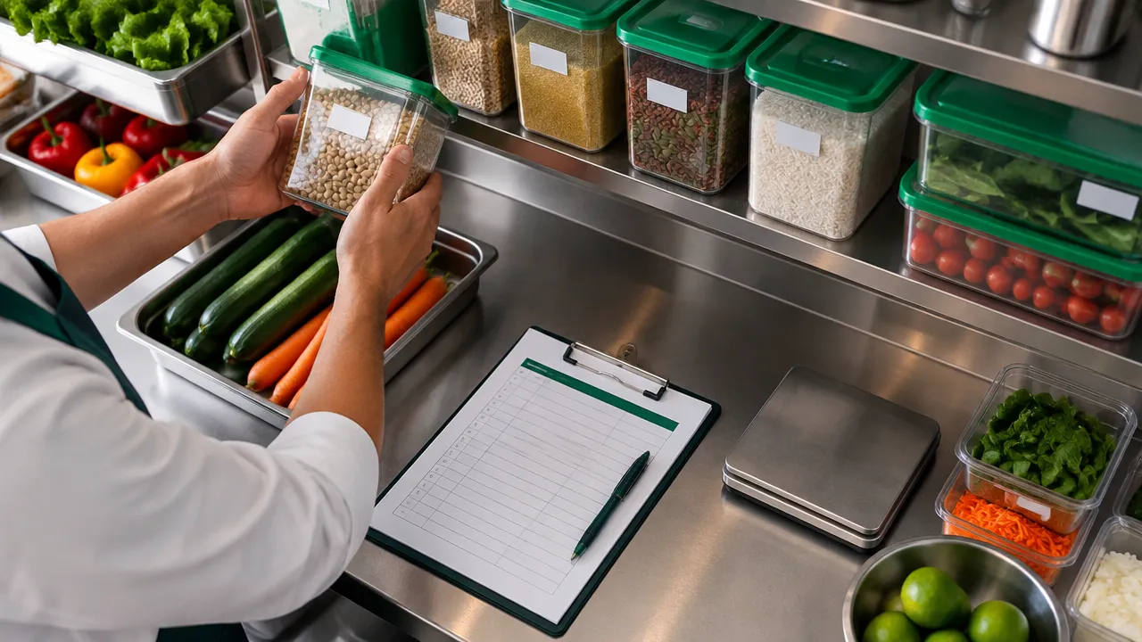 Mãos contando ingredientes separados por categoria para registrar as quantidades do estoque