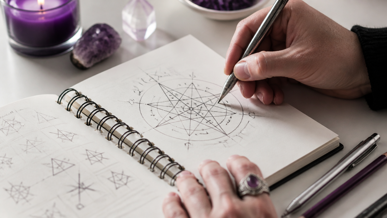 Mãos criando um sigilo em caderno com lápis e símbolo geométrico em destaque