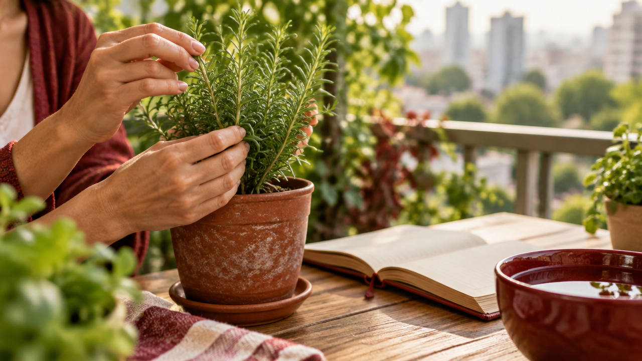 Mãos cuidando de uma planta em vaso ao lado de um diário e uma tigela de água numa varanda iluminada