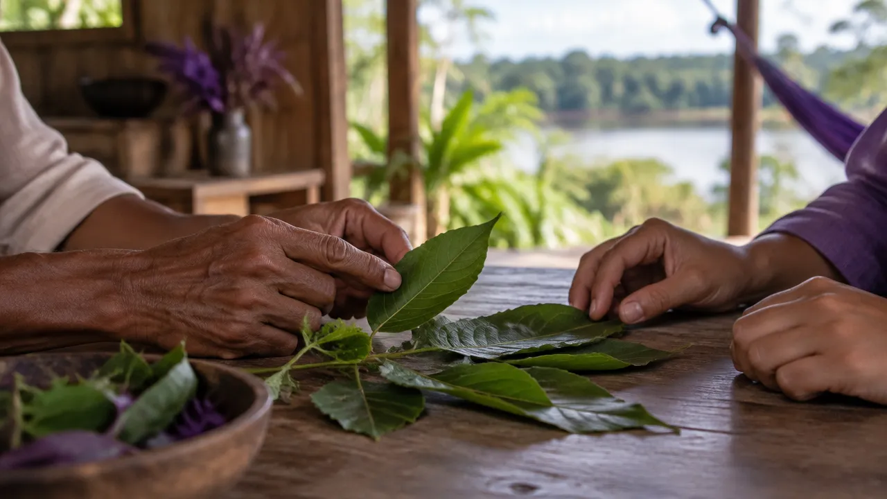 Mãos de adultos observando folhas sobre uma mesa, em imagem simbólica sobre saberes ligados ao território