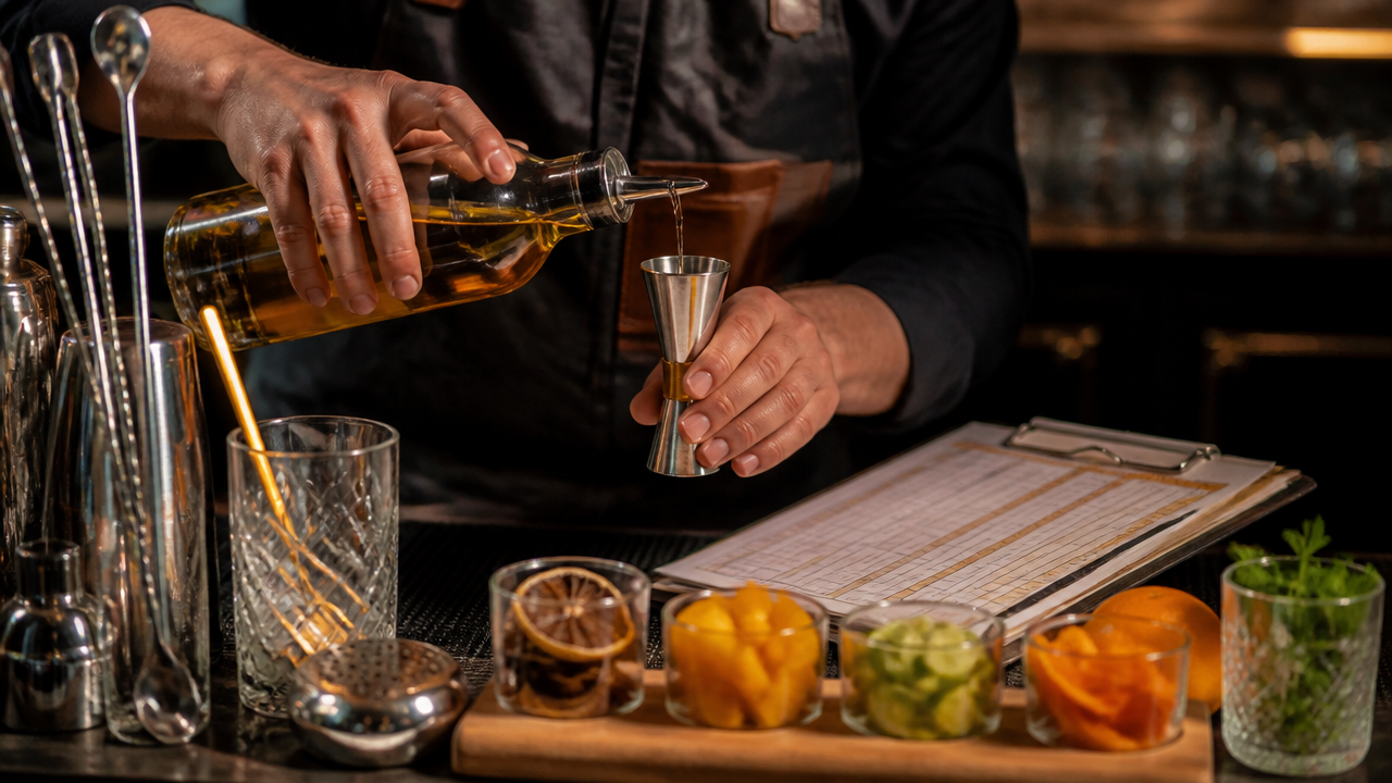 Mãos de bartender padronizando receita com jigger e ficha técnica sobre a bancada