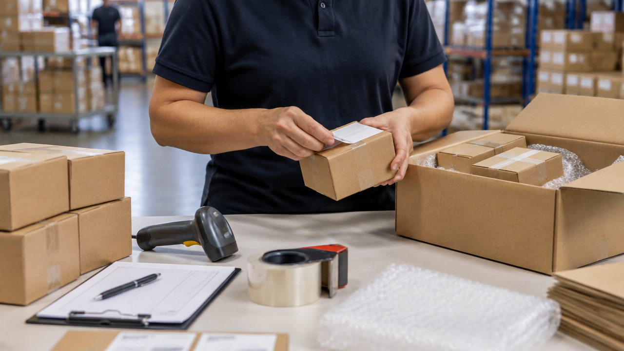 Mãos de operadora conferindo, etiquetando e embalando produtos para envio