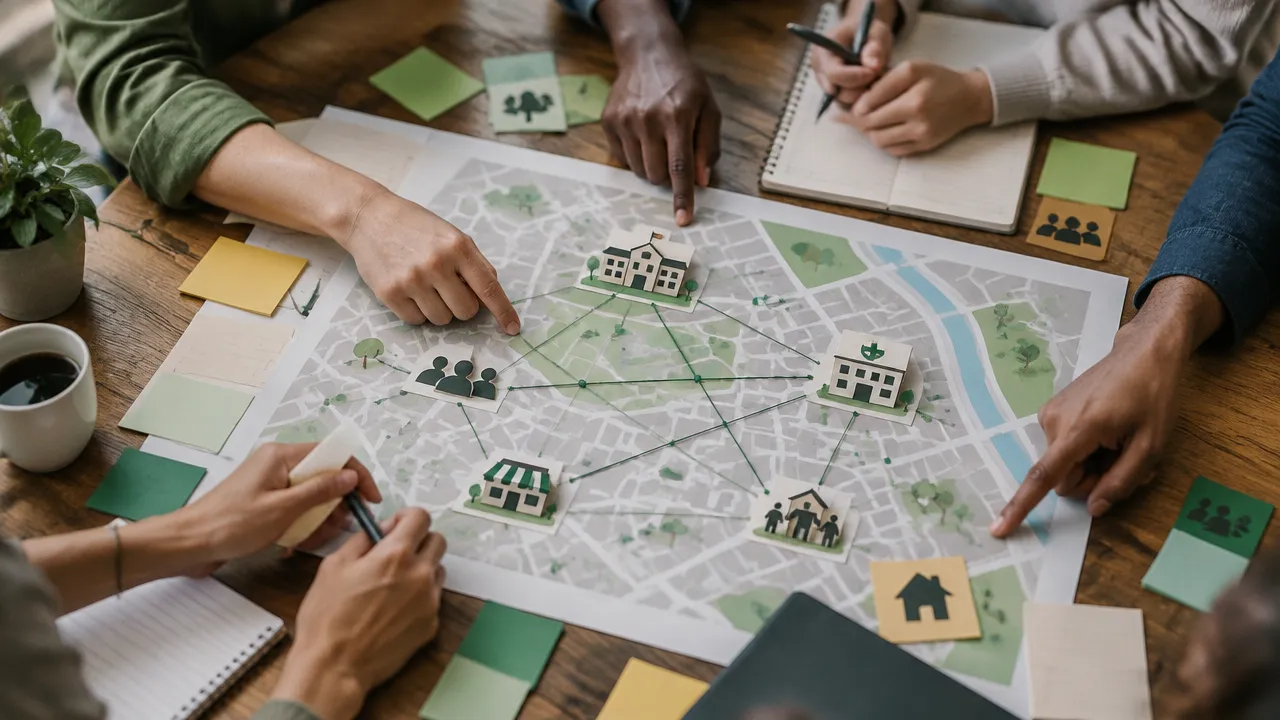 Mãos de participantes conectam em um mapa os atores e serviços de um território.