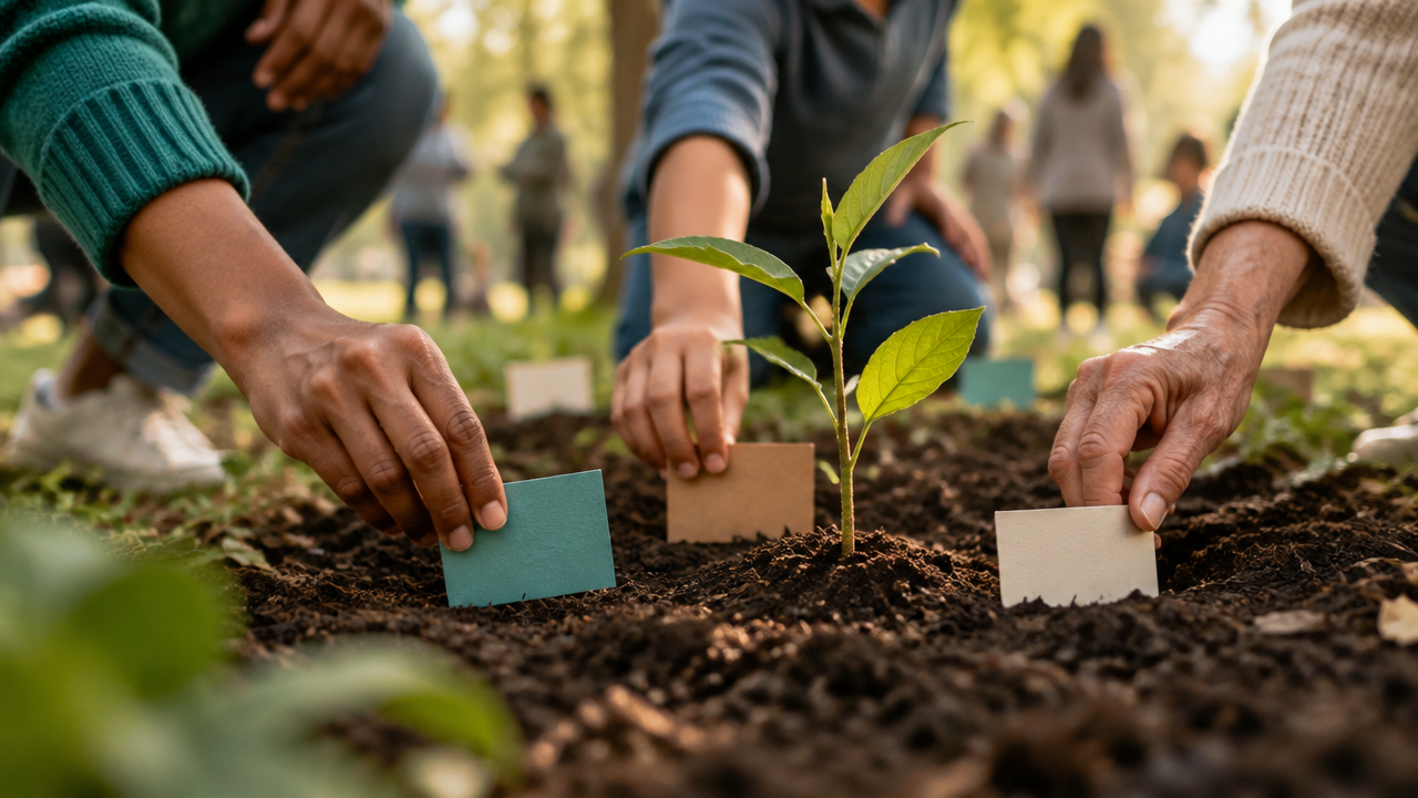 Mãos de pessoas de diferentes idades plantando juntas uma muda como gesto comunitário de memória e continuidade
