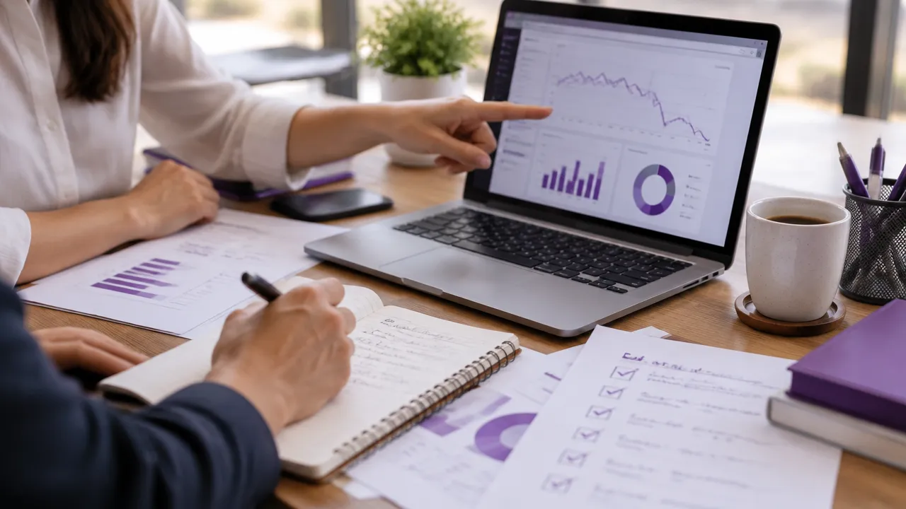 Mãos de uma consultora analisam um relatório de auditoria de SEO ao lado de um laptop e checklist.