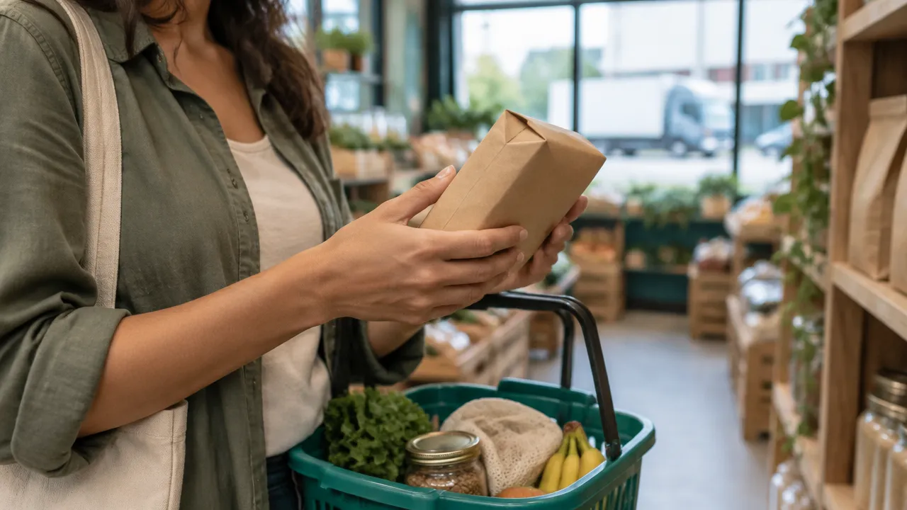 Mãos de uma consumidora avaliando um produto genérico no mercado, ilustrando como escolhas cotidianas afetam cadeias de produção