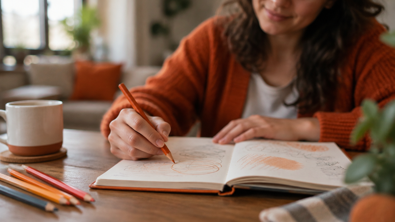Mãos de uma pessoa adulta escrevendo e rabiscando livremente em um diário