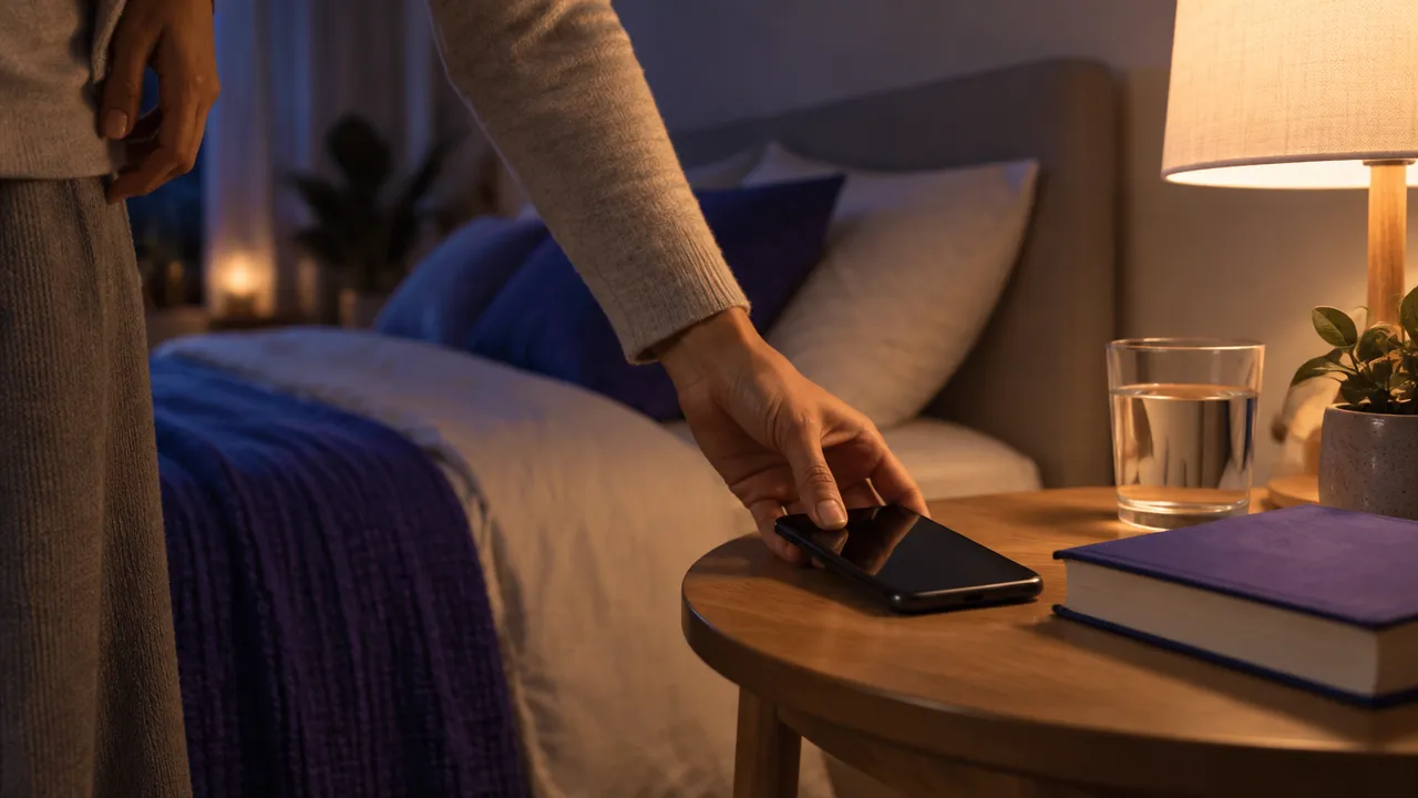 Mãos deixando o celular com a tela apagada sobre uma mesa antes de dormir, junto a um livro e um copo de água