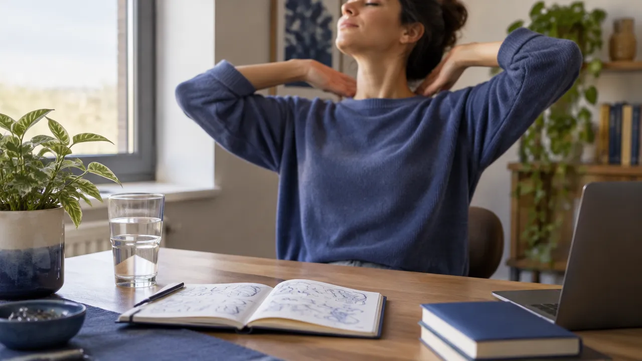 Mãos descansam longe do teclado ao lado de um caderno e água durante uma breve pausa consciente no trabalho.