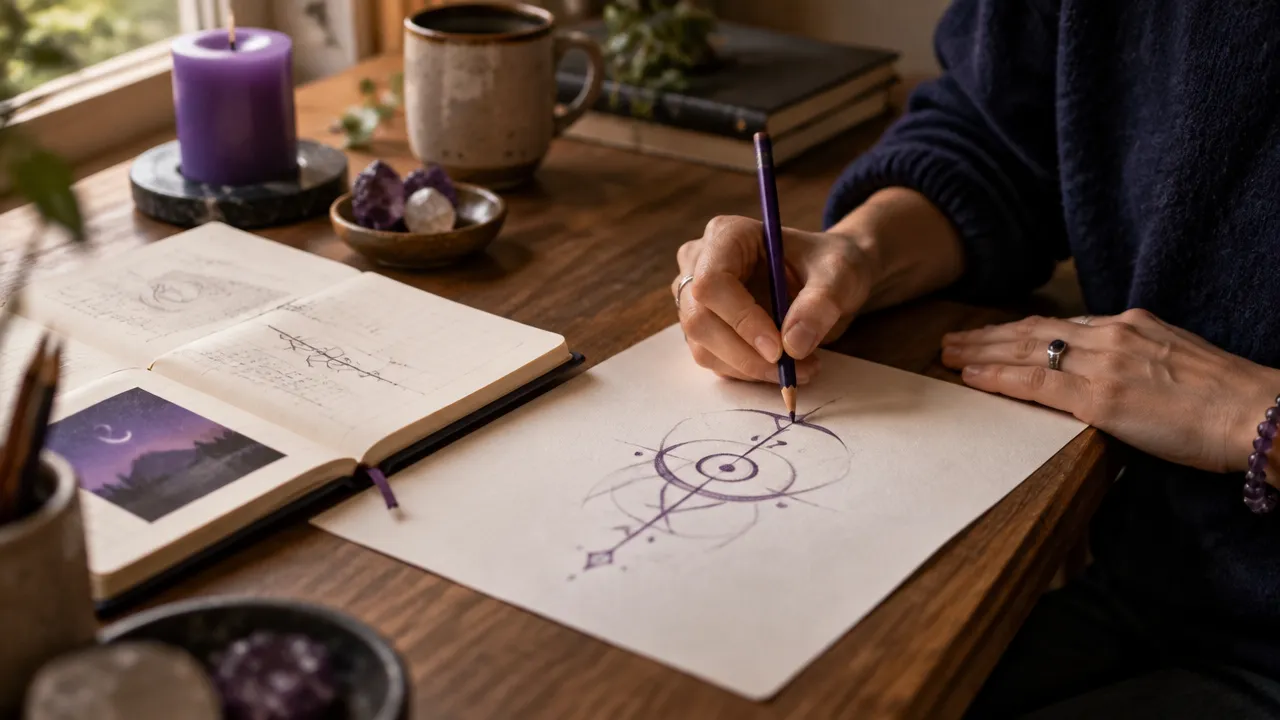 Mãos desenhando um sigilo abstrato em papel ao lado de um caderno de registro em ambiente sereno.