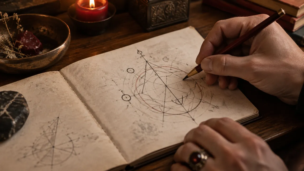 Mãos desenhando um sigilo geométrico abstrato em um caderno sobre uma mesa