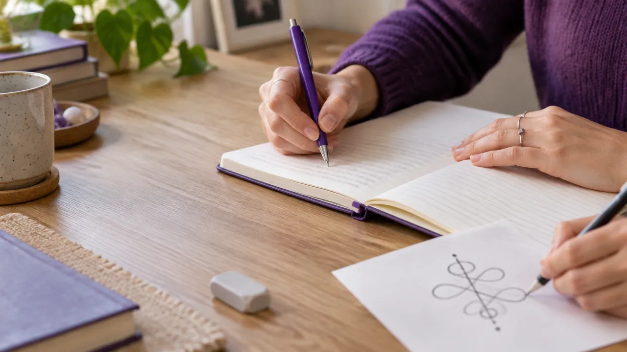 Mãos desenhando um símbolo abstrato em um caderno durante um exercício de intenção e reflexão