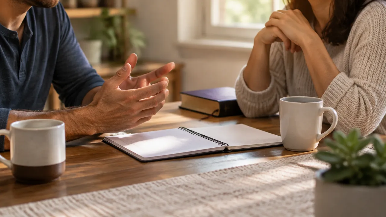 Mãos e caderno sobre a mesa durante uma conversa calma e atenta entre cônjuges
