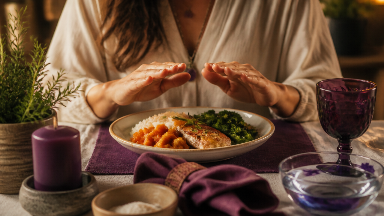 Mãos em gesto de harmonização energética sobre uma refeição caseira antes de comer.