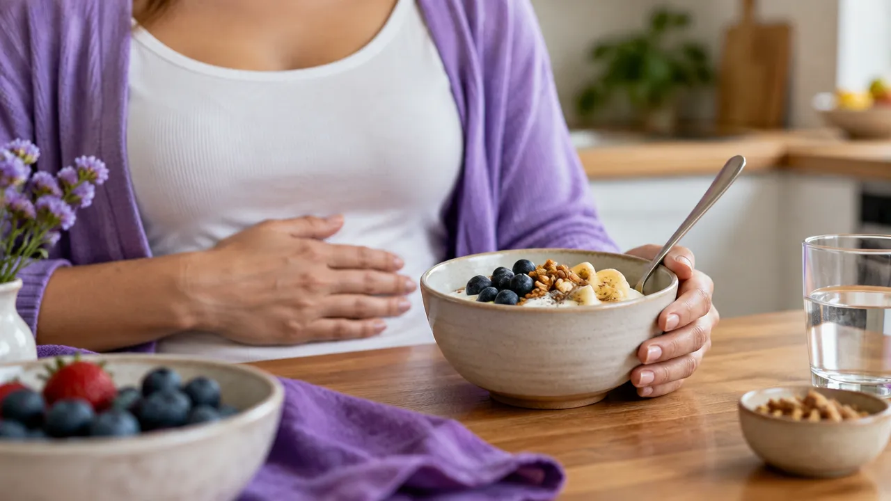Mãos em pausa consciente junto a uma tigela de fruta e iogurte numa cozinha