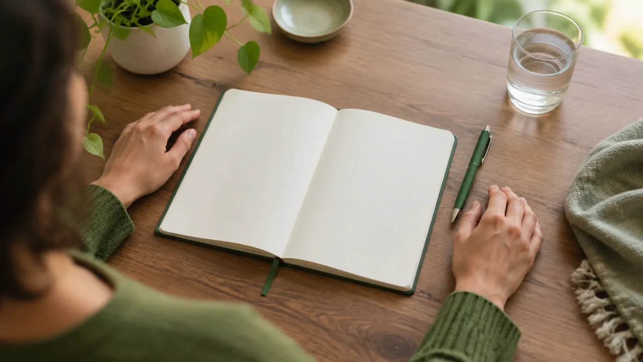Mãos em pausa sobre um caderno antes de começar um exercício de escrita reflexiva.