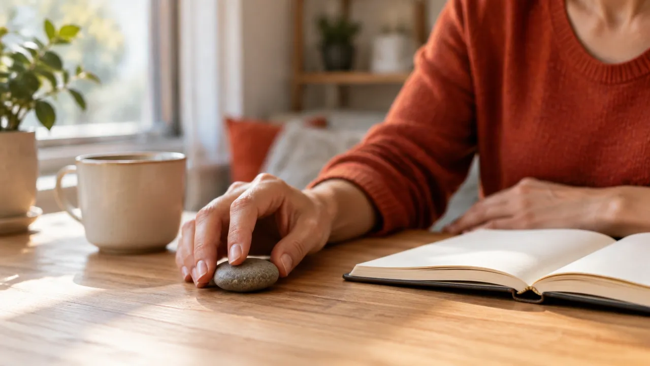 Mãos em pausa sobre uma mesa tocam um pequeno objeto tátil ao lado de um caderno e uma xícara, representando uma âncora emocional cotidiana.