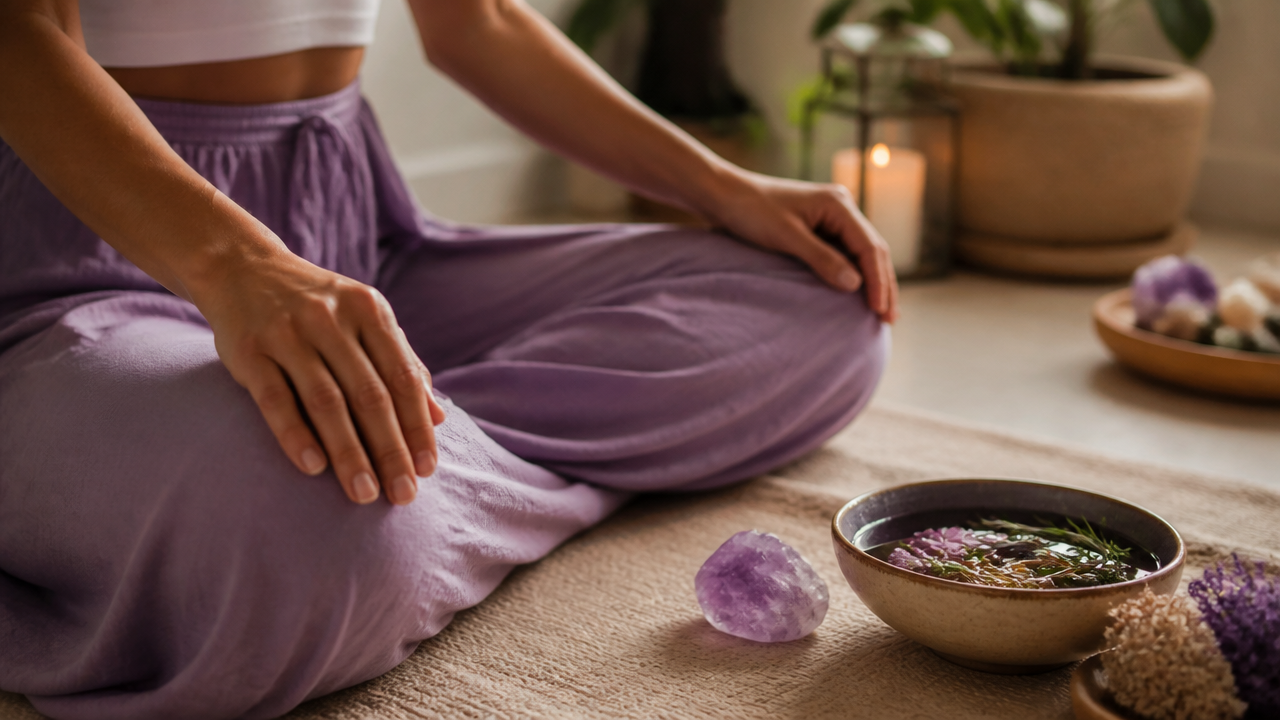 Mãos em posição de meditação ao lado de cristal e elementos de autocuidado energético