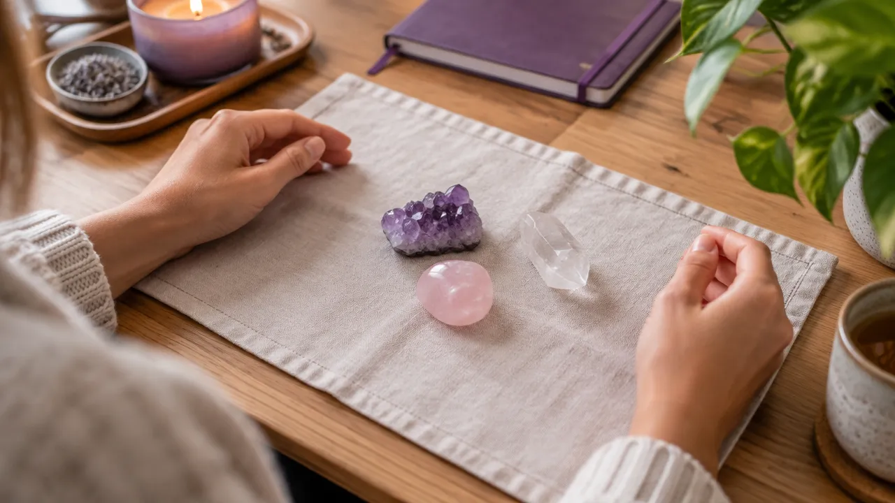 Mãos em uma pausa de atenção plena ao lado de cristais naturais sobre uma mesa