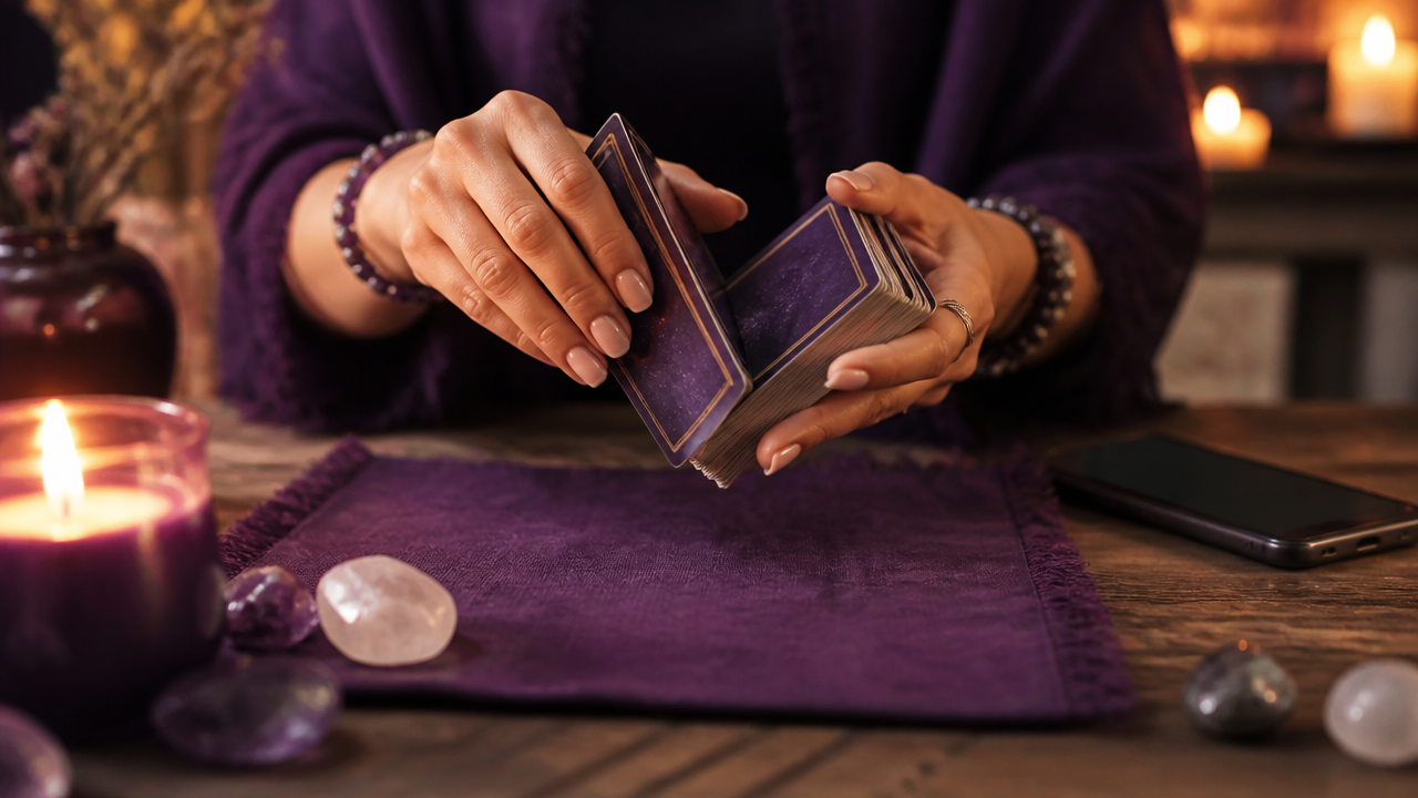 Mãos embaralhando cartas de tarot enquanto uma música suave acompanha o ritual.