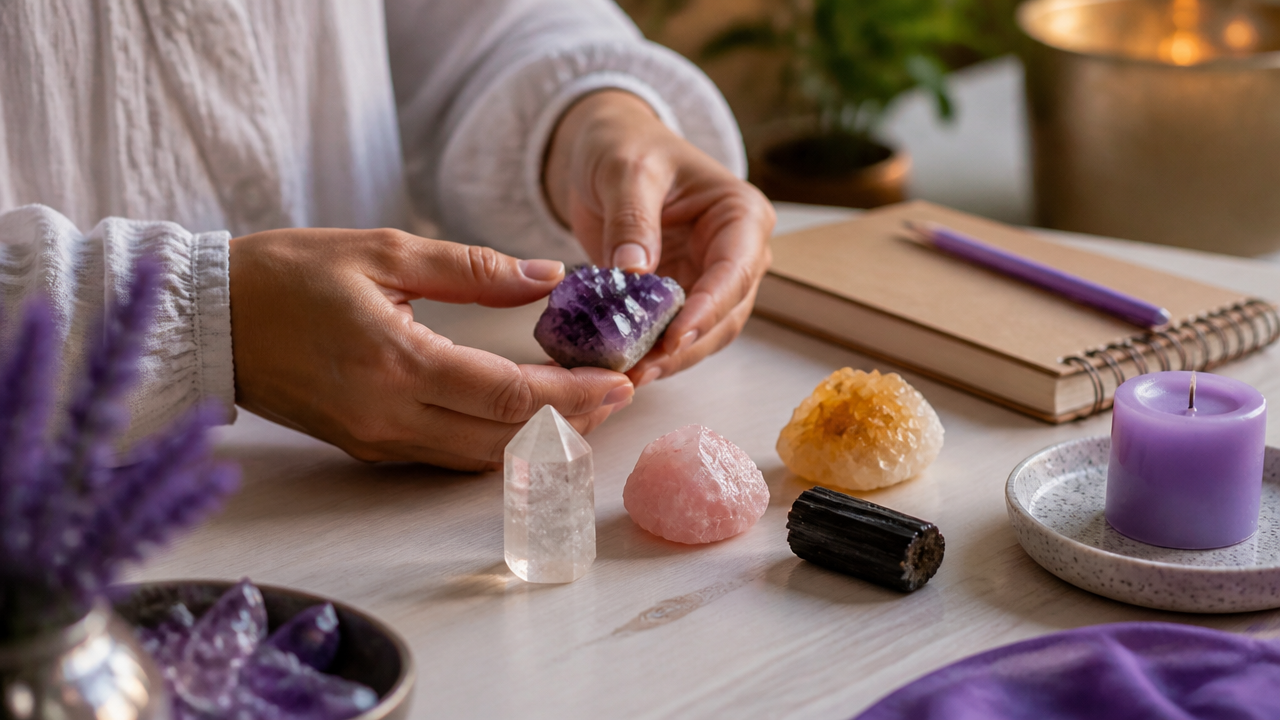 Mãos escolhendo cristais naturais sobre uma mesa clara, com quartzo, ametista, quartzo rosa, citrino e turmalina negra